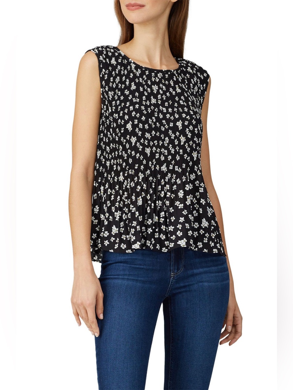 BB Dakota Floral Affair Pleated Swing Top Black Floral Womens Medium Oversized